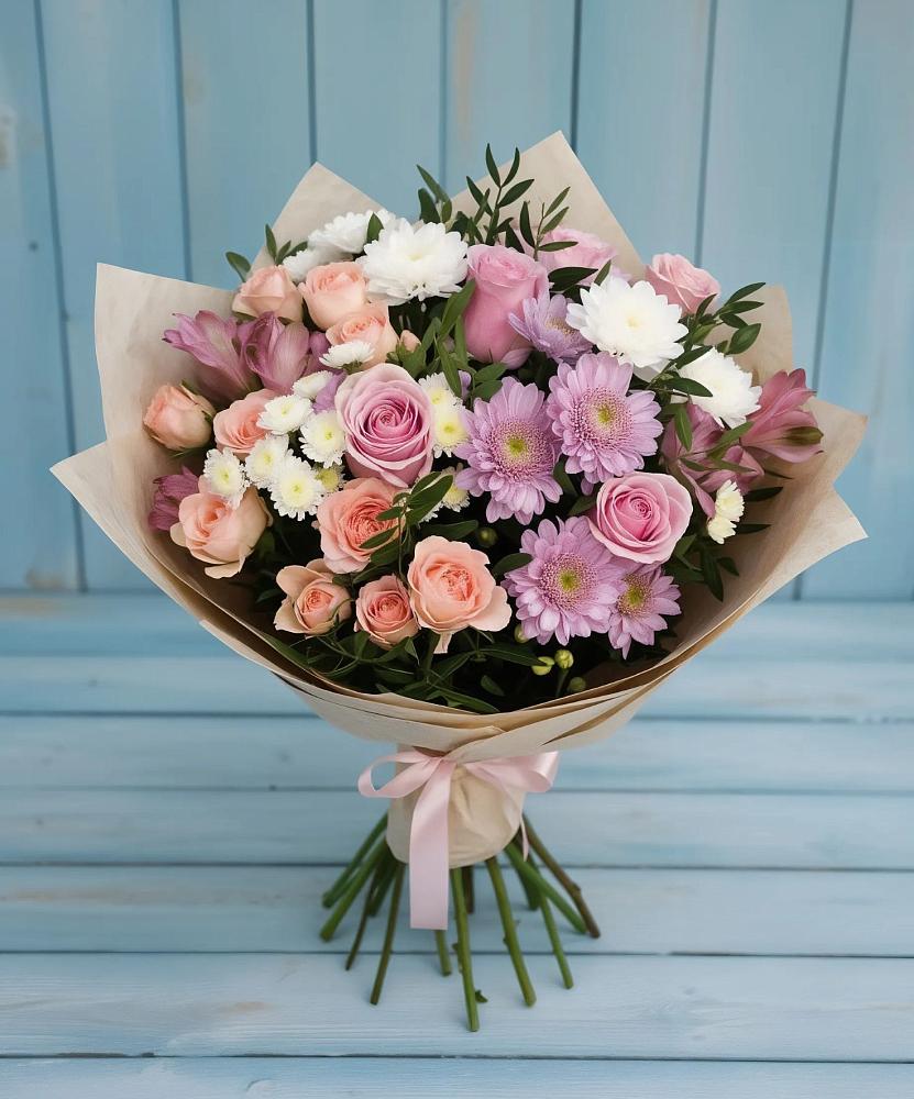 Букет цветов из: Хризантемы, Розы и Альстромерии в Лакинске