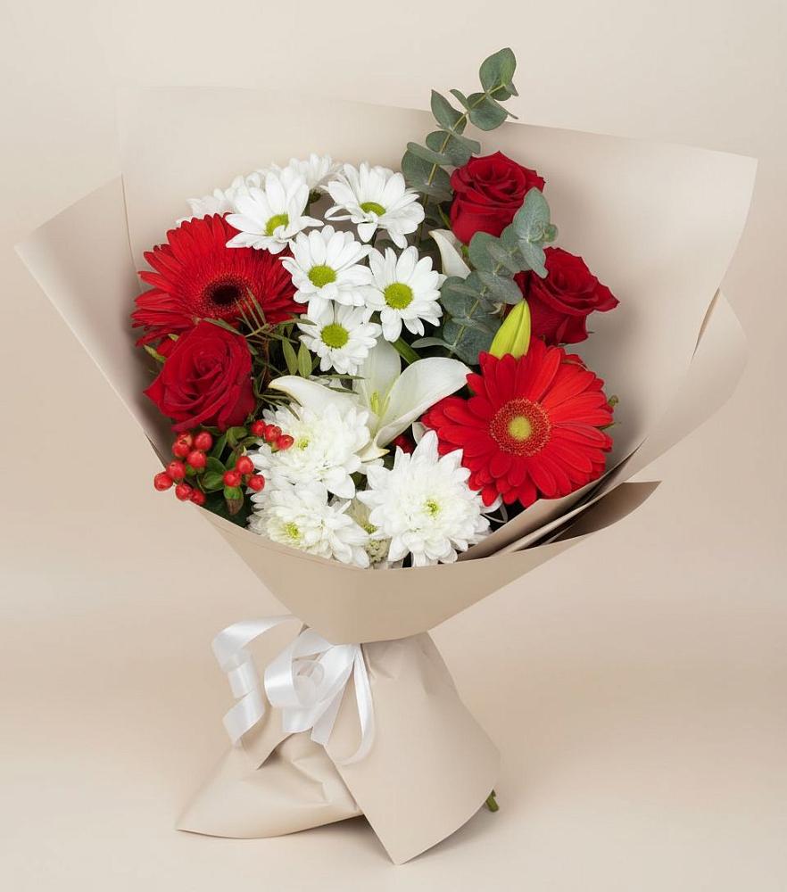 Букет цветов из: Розы, Хризантемы, Герберы и Лилии в Лакинске