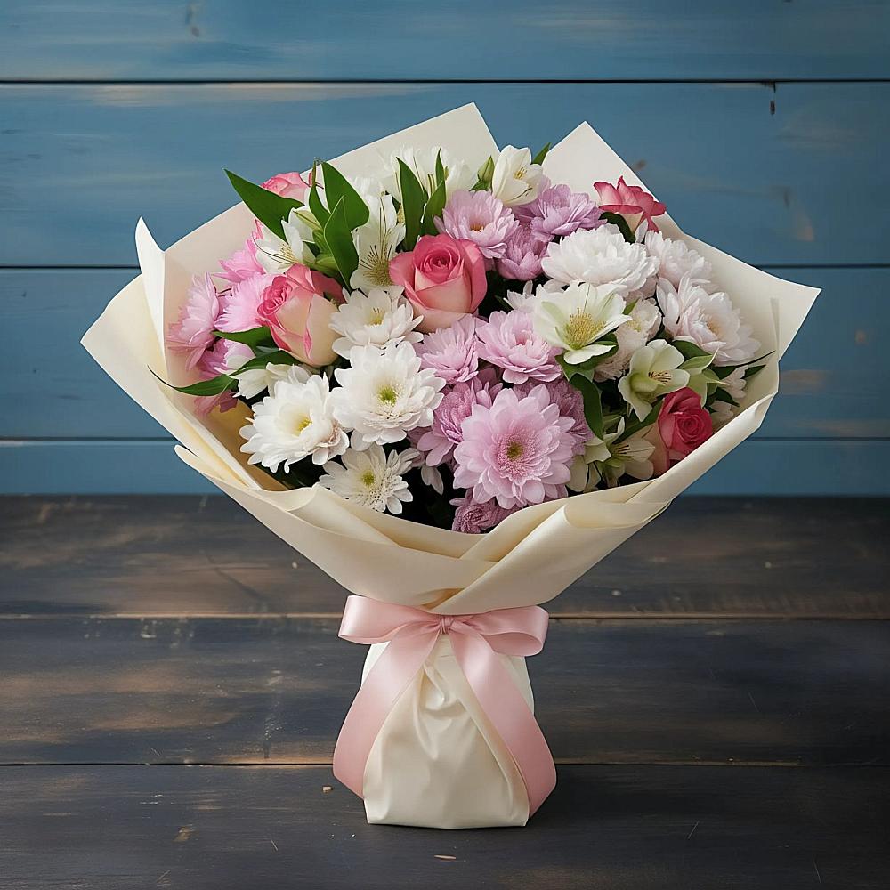 Букет цветов из: Хризантемы, Альстромерии и Розы в Лакинске